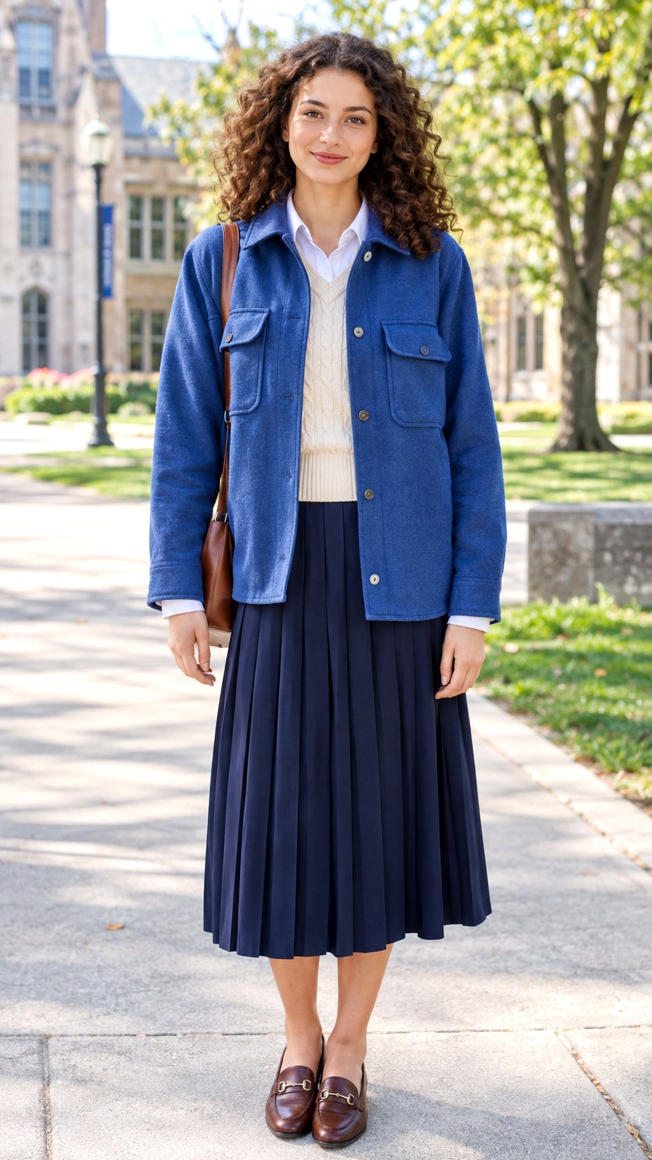 Knit Sweater Vest and Pleated Skirt - 20 blue shacket outfit ideas