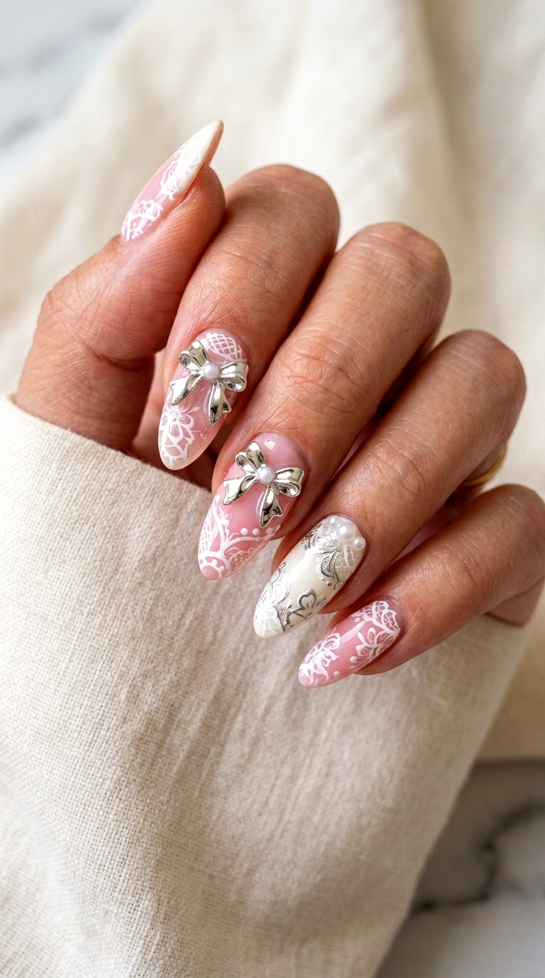 Lace Chrome Bow Nails - 21 coquelte lace nail ideas