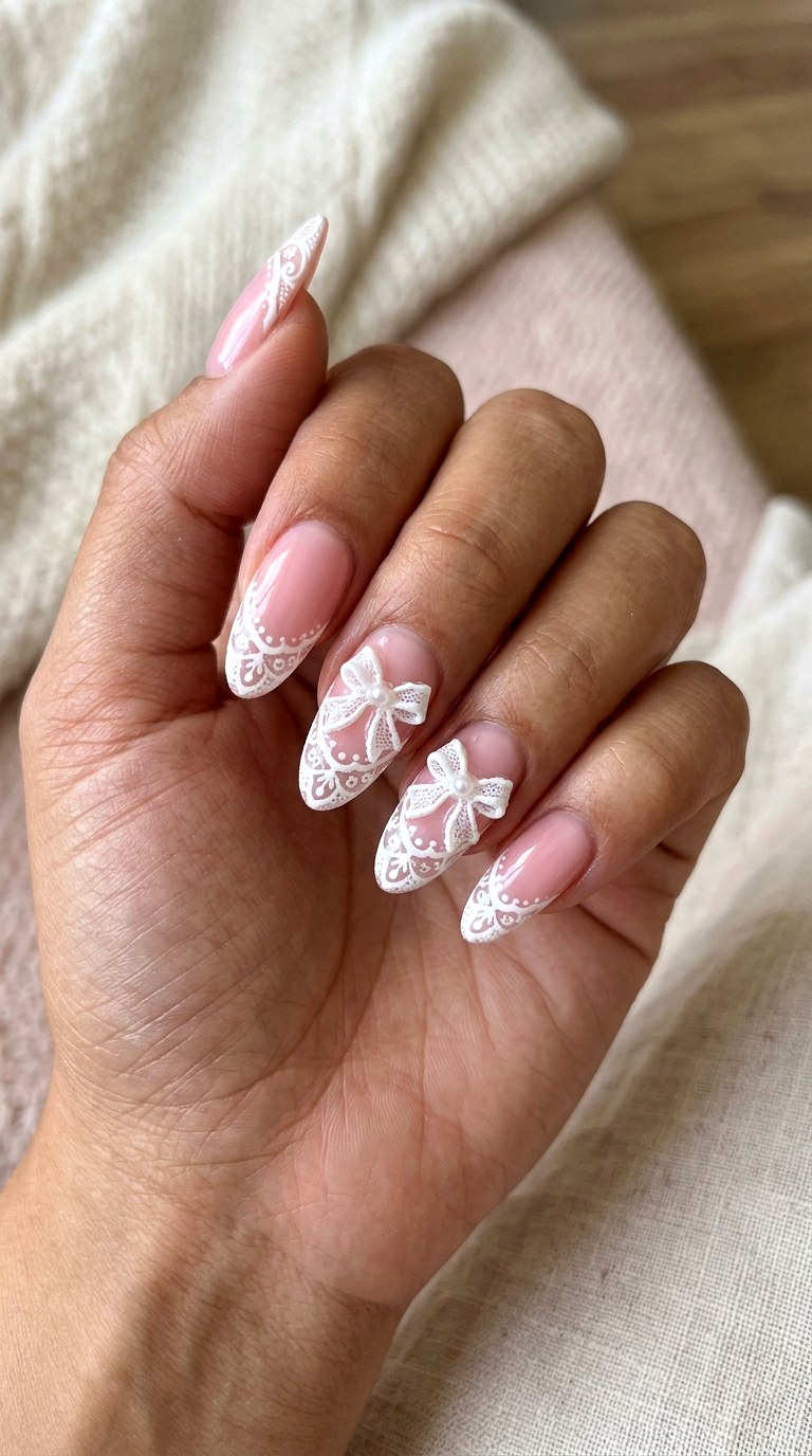 Lace French Bow Accents - 21 coquelte lace nail ideas