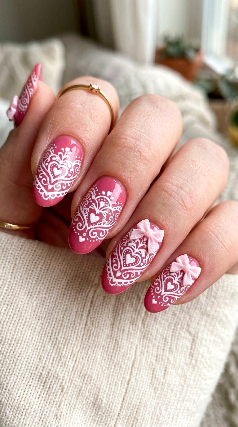 Lace Heart Accent Nails - 21 coquelte lace nail ideas