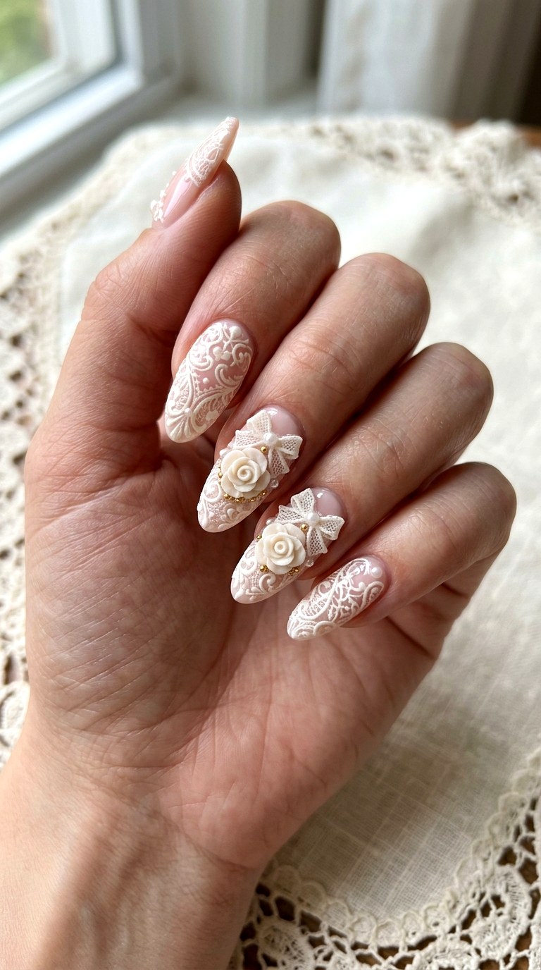 Lace Rosette Coquette Nails - 21 coquelte lace nail ideas