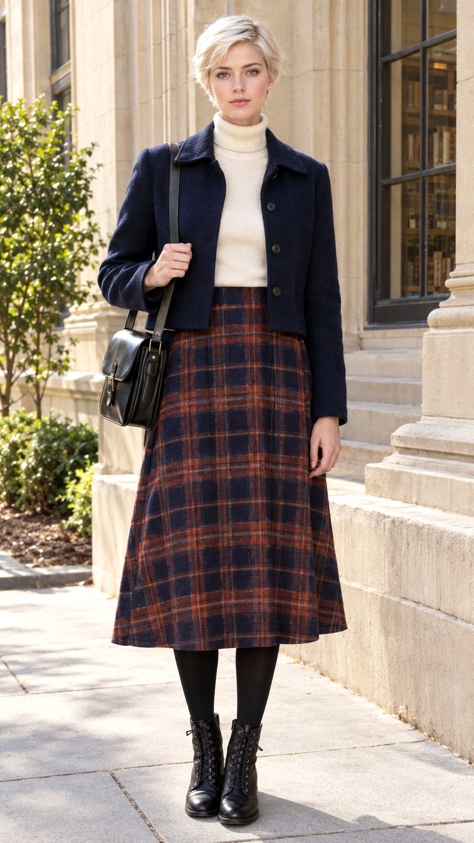 Lace Up Boots With Plaid Midi Skirts - 20 fall boots outfit ideas
