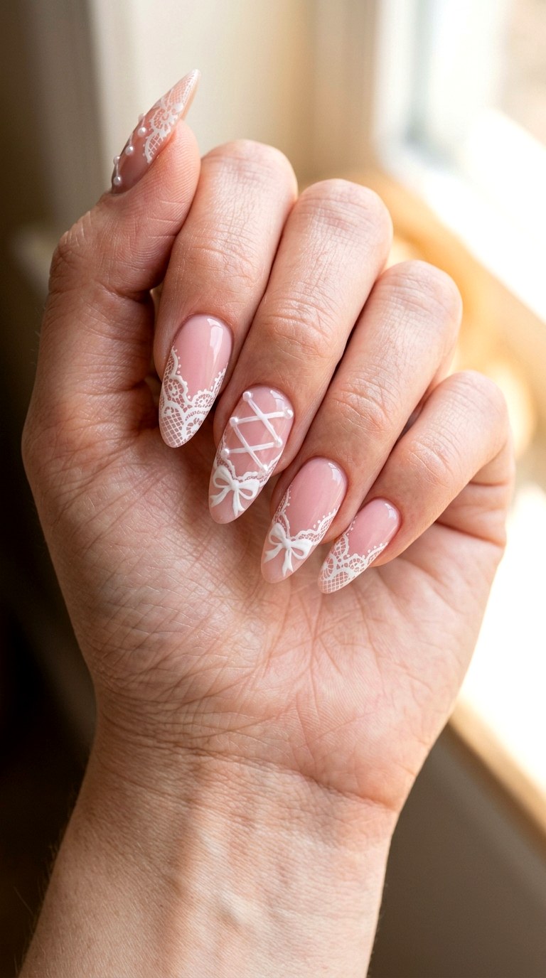 Lace Up Ribbon Nails - 21 coquelte lace nail ideas