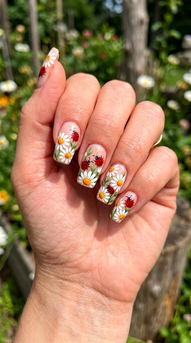 Ladybug And Daisy Nails - 22 Trendy ladybug nail ideas