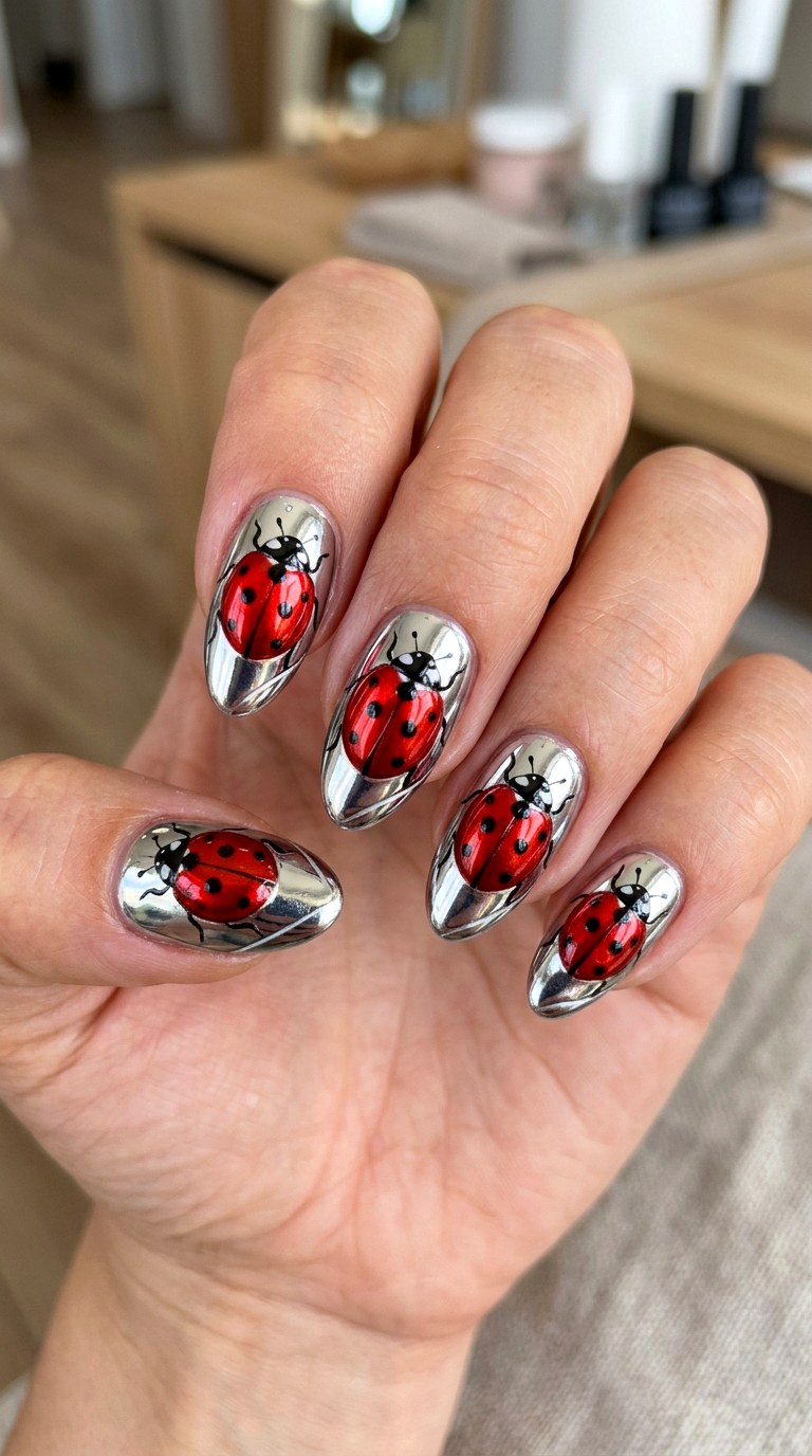 Ladybug Chrome Accent Nails - 22 Trendy ladybug nail ideas