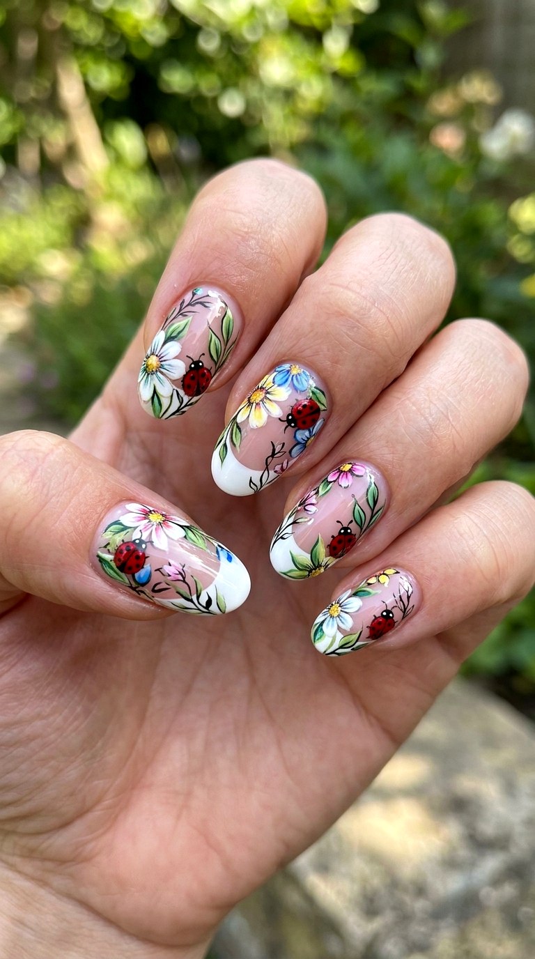 Ladybug Floral French Nails - 22 Trendy ladybug nail ideas