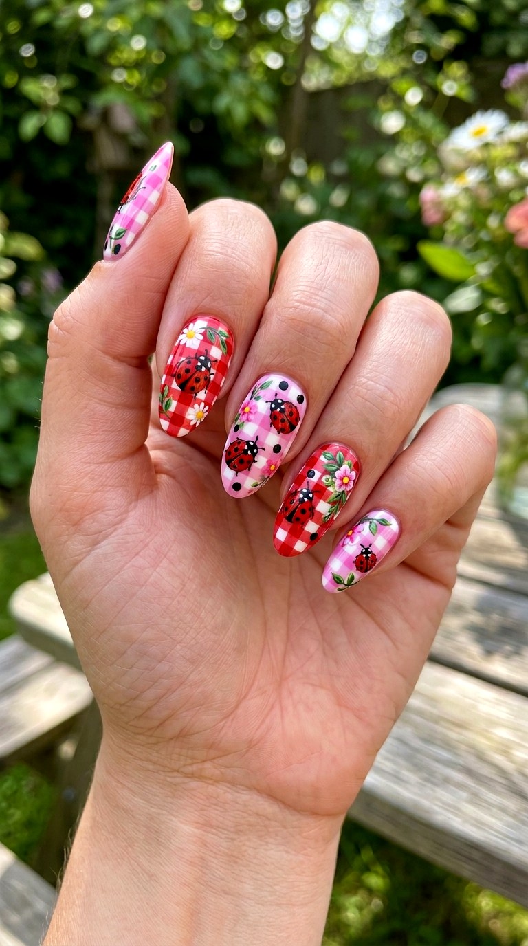 Ladybug Gingham Picnic Nails - 22 Trendy ladybug nail ideas
