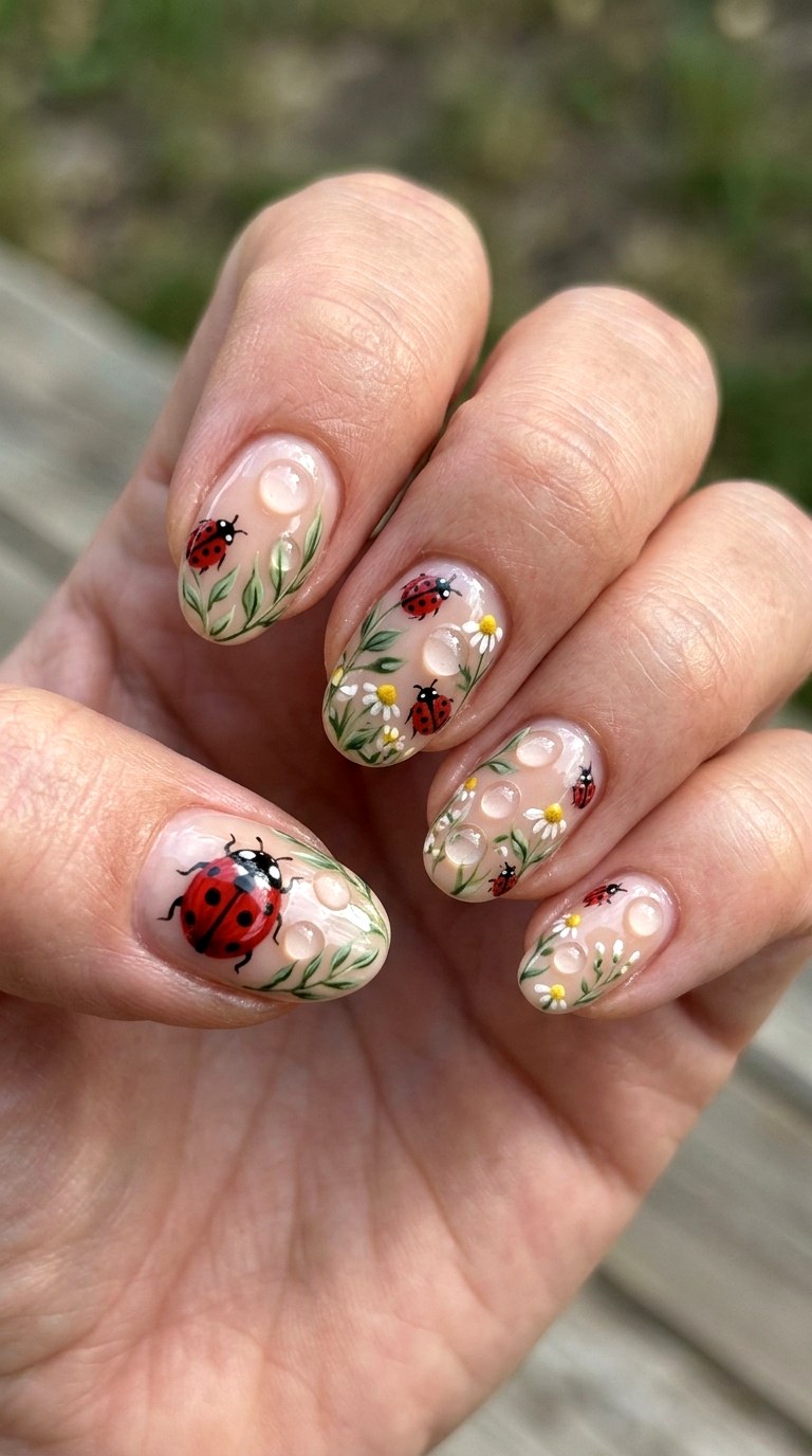 Ladybug Water Drop Nails - 22 Trendy ladybug nail ideas