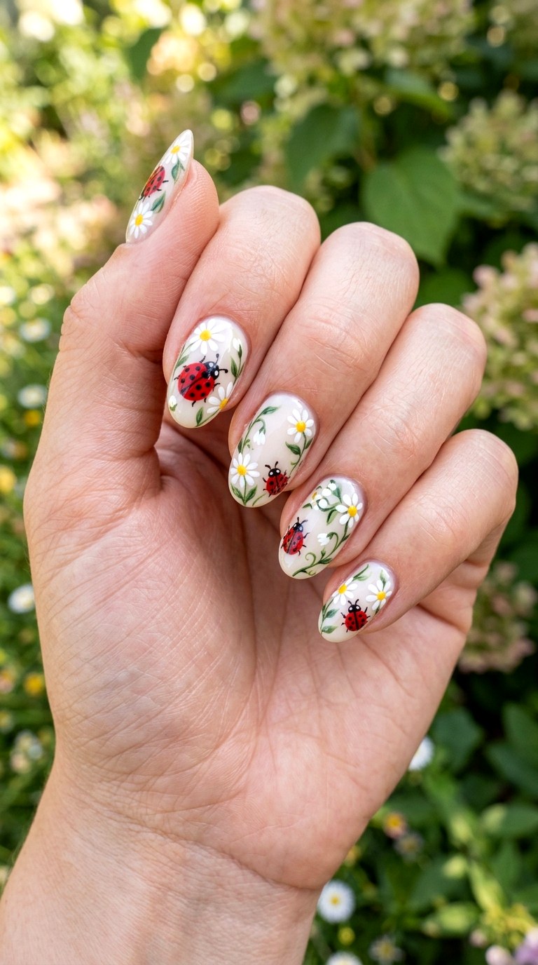 Ladybugs And White Flowers - 22 Trendy ladybug nail ideas