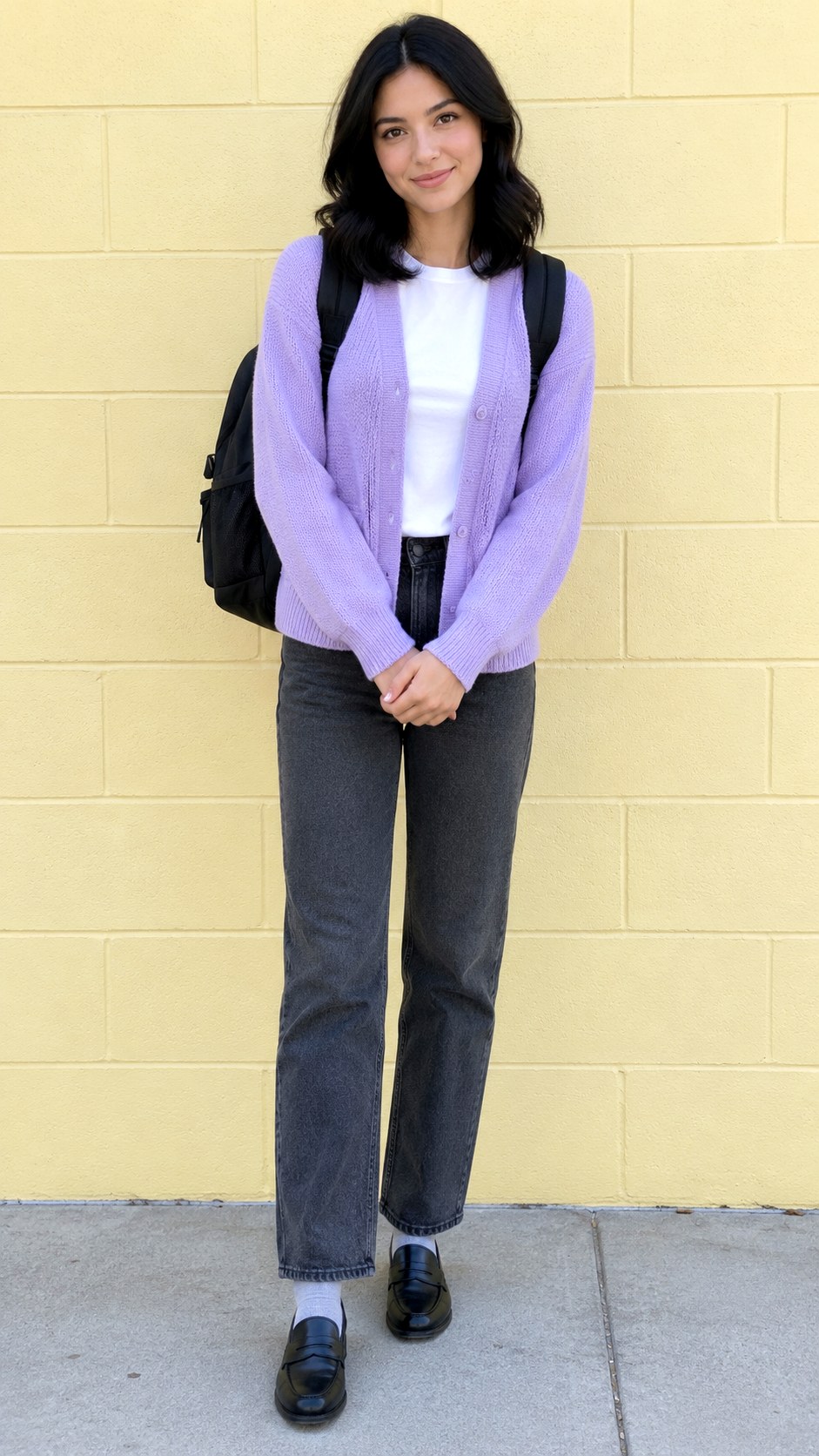 Lavender Cardigan With Gray Jeans - 20 fall outfits for school