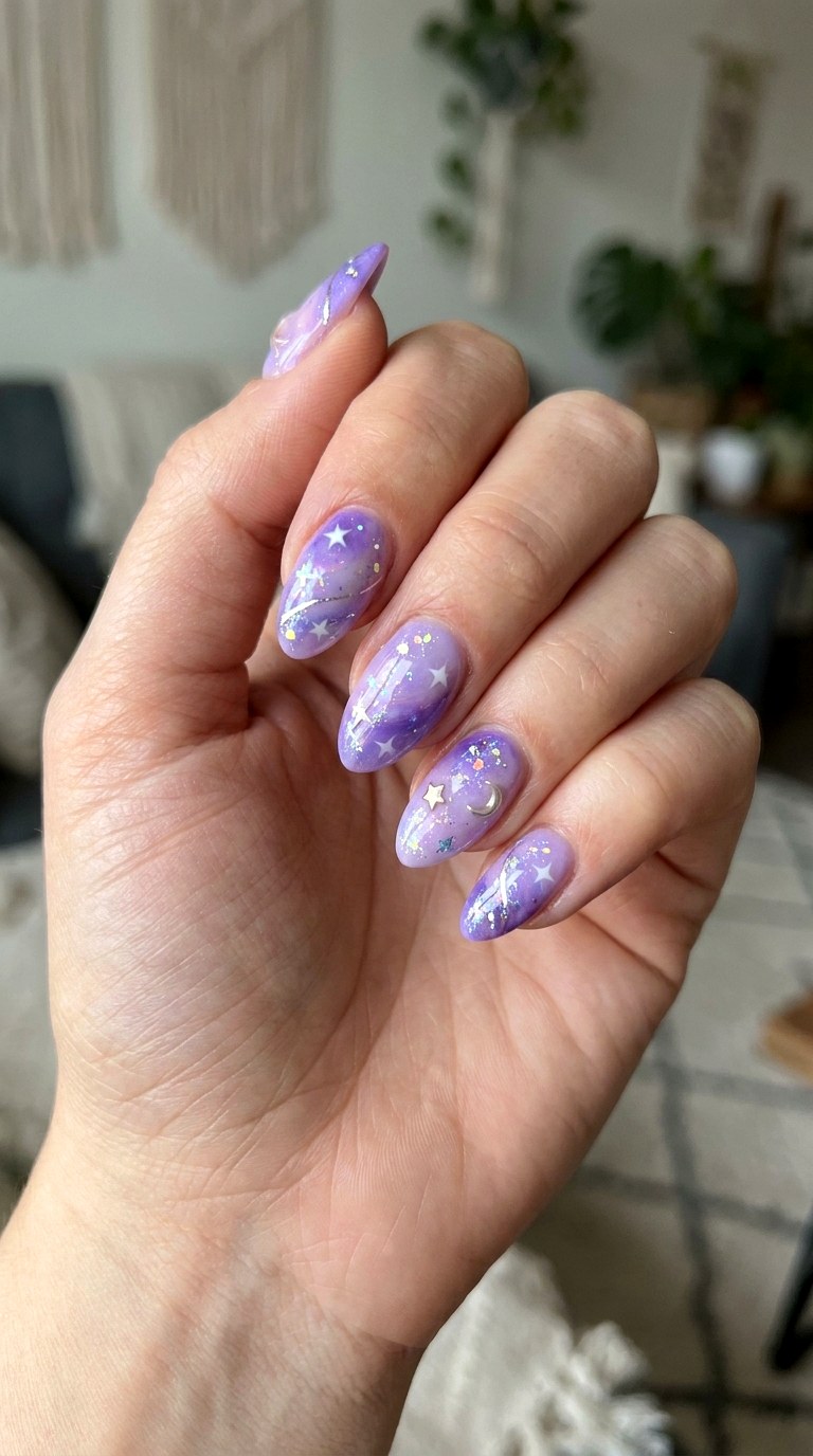 Lavender Cosmic Star Swirls - 25 magical starry swirl nail ideas