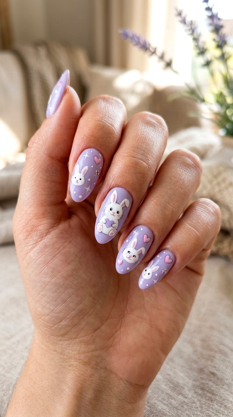 Lavender Love Bunny Nails - 25 sweet heart bunny nails idea