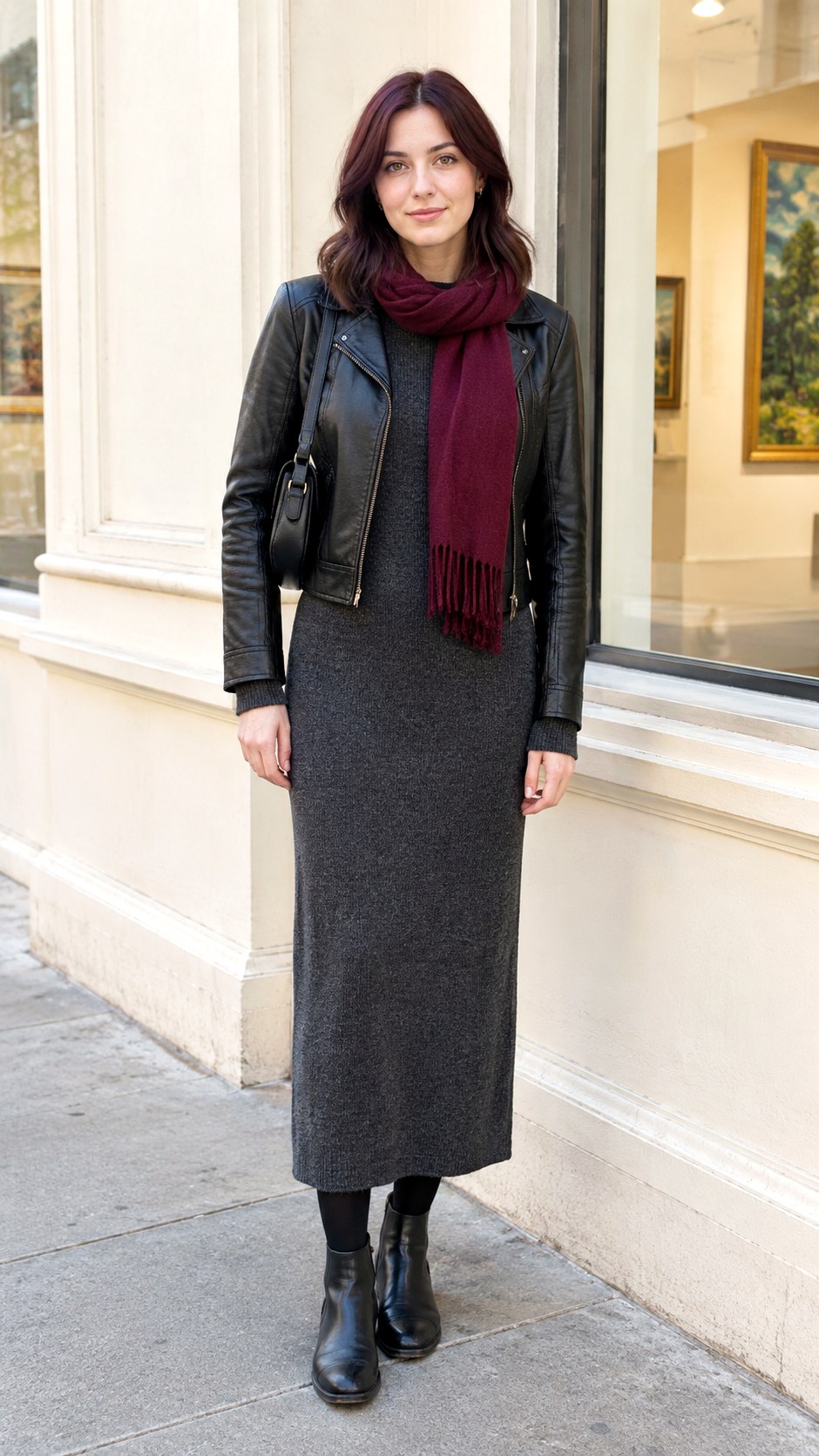Leather Jacket With Knit Maxi Dress - 20 warm autumn outfits