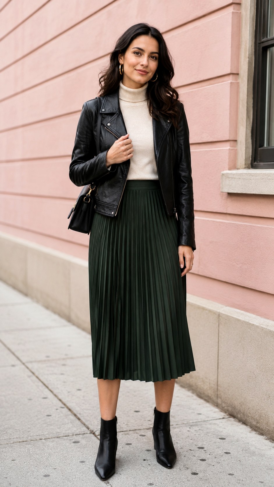 Leather Jacket With Pleated Midi Skirt - 20 autumn aesthetic outfit ideas