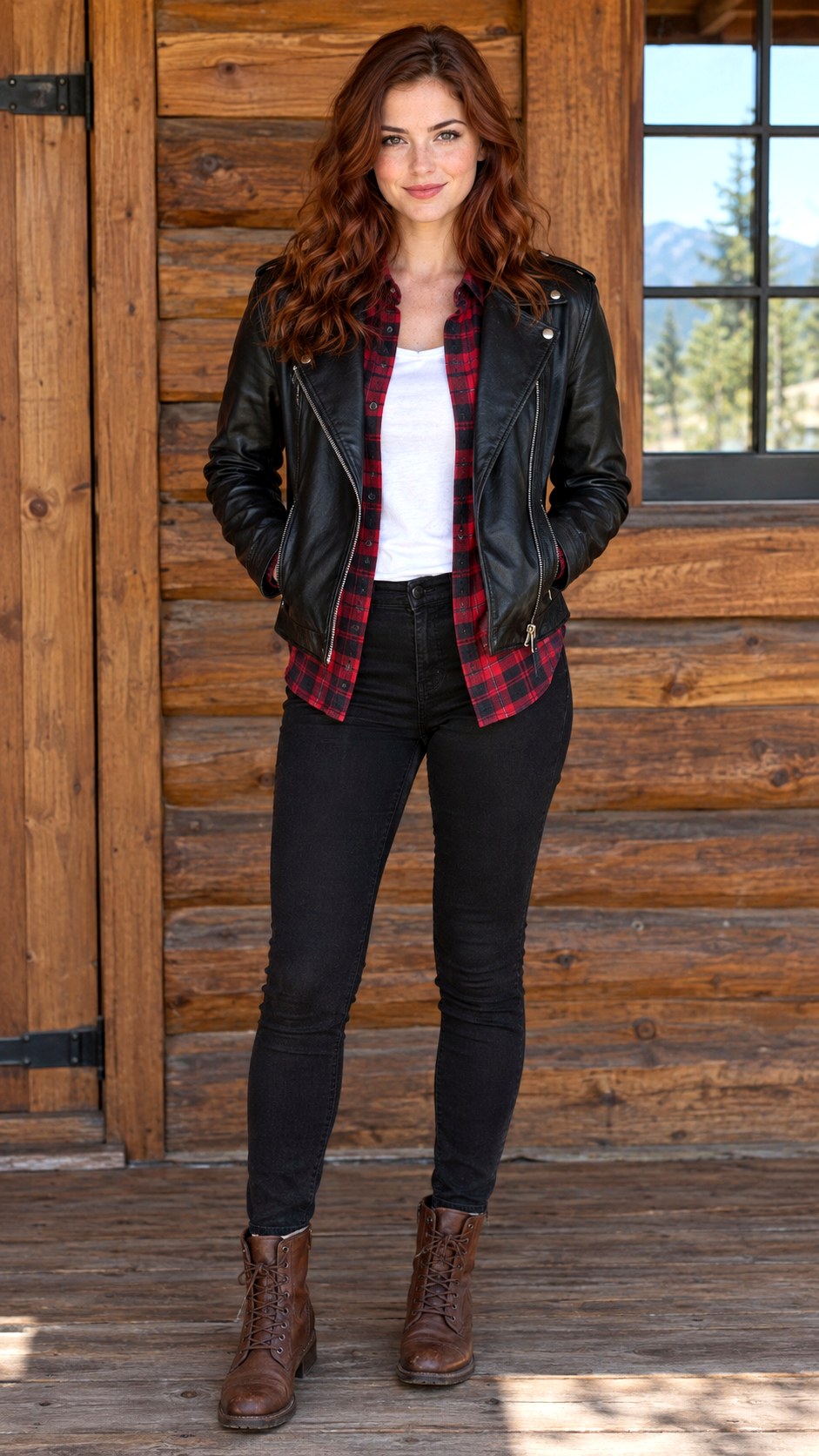Leather Jacket and Plaid Flannel Shirt - 22 layered fall fashion outfit ideas