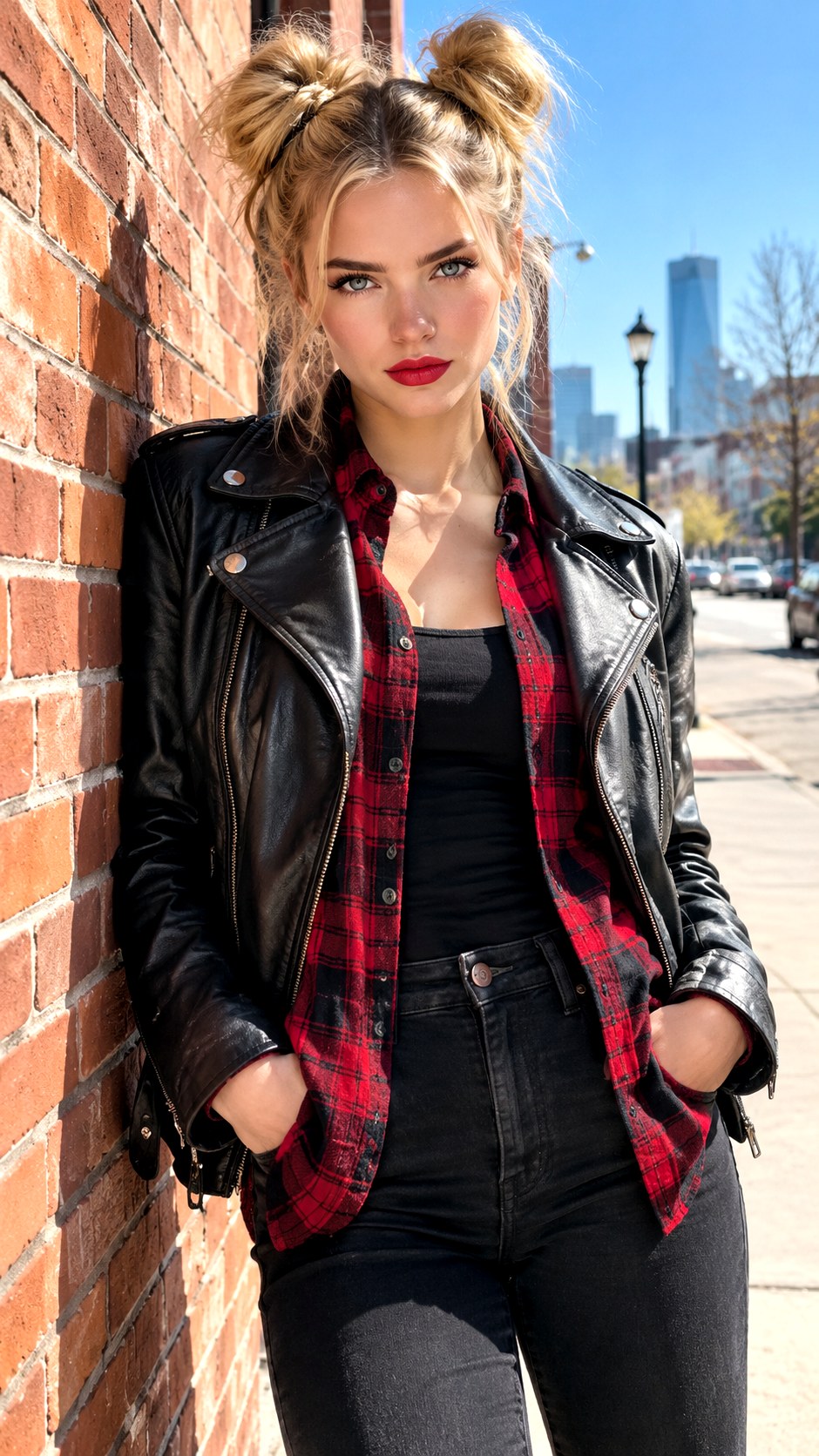 Leather Jacket and Plaid Shacket - 25 cozy fall outfit ideas