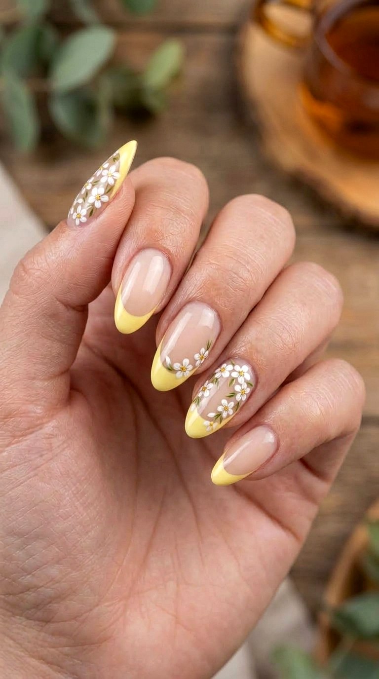 Lemon Blossom French Tips - 21 dreamy yellow floral summer nail ideas