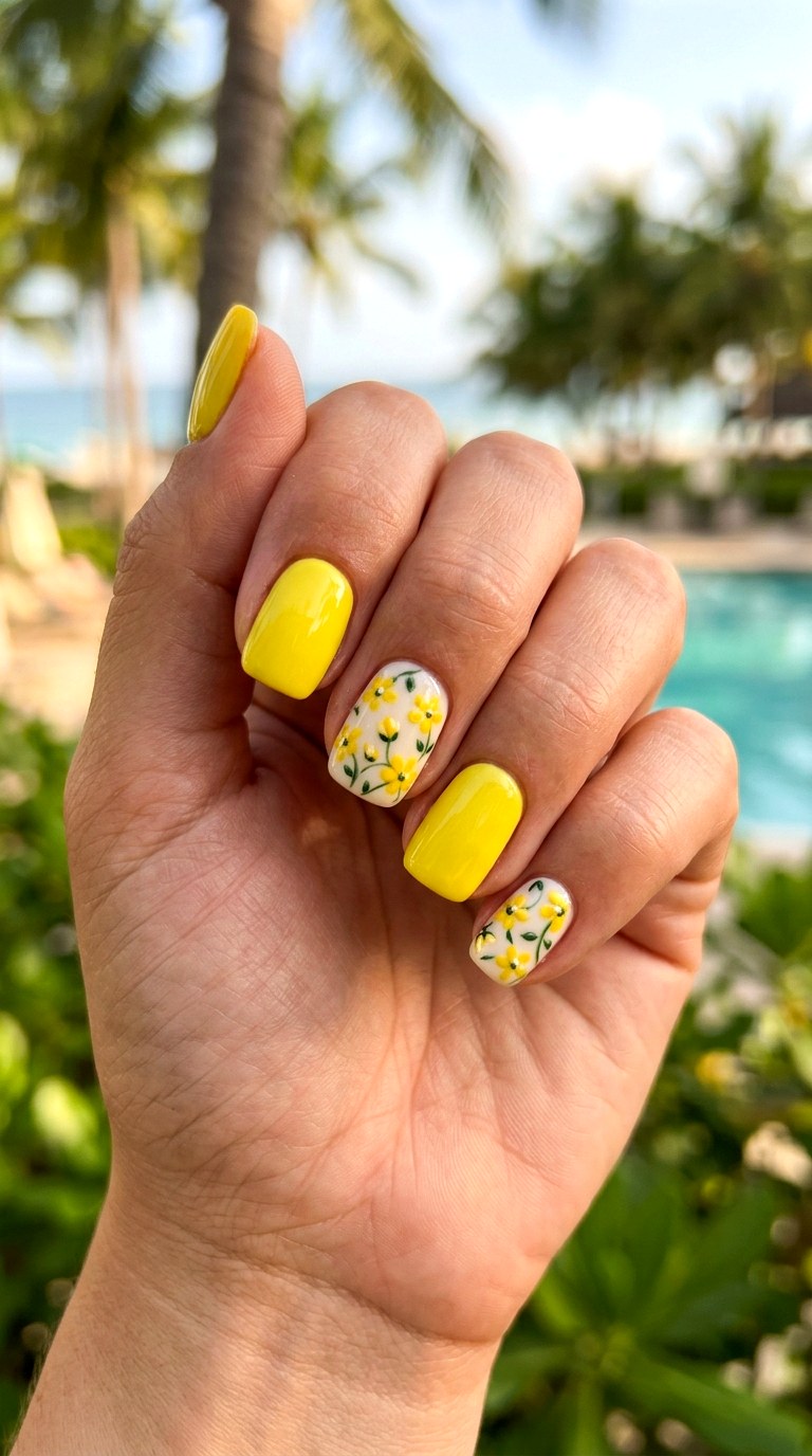 Lemon Petal Accent Nails - 21 dreamy yellow floral summer nail ideas