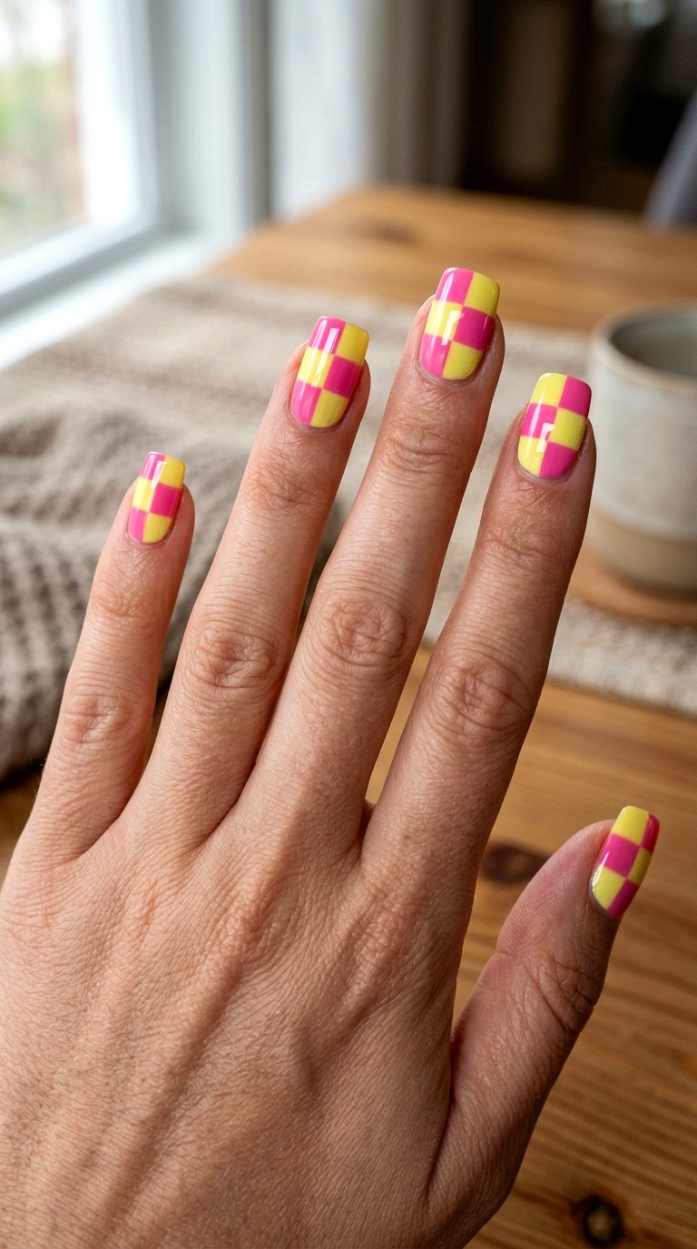 Lemon Pink Checkerboard Nails - 23 yellow pink Summer nail ideas