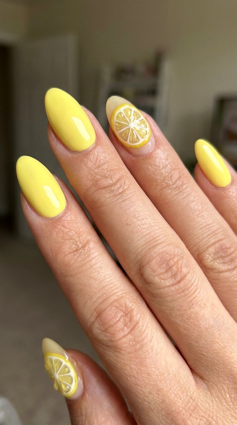 Lemon Slice Accent Nails - 22 sunlit tips Yellow nail design ideas