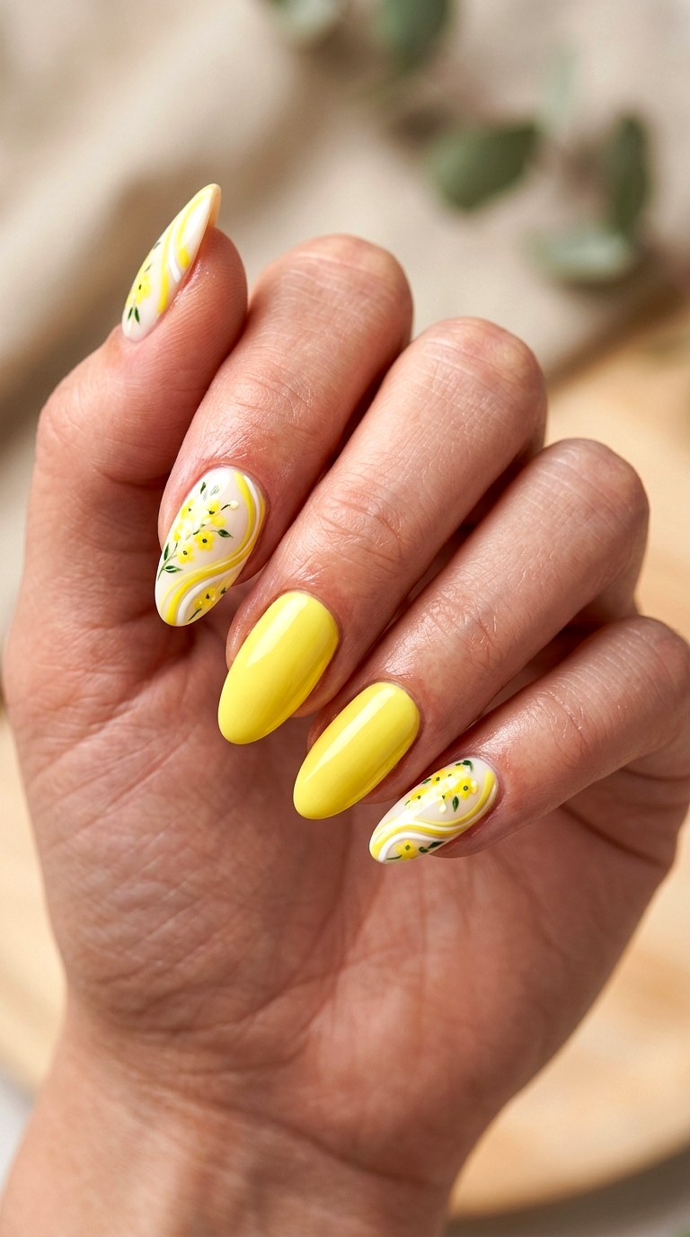 Lemon Yellow Floral Swirls - 21 dreamy yellow floral summer nail ideas