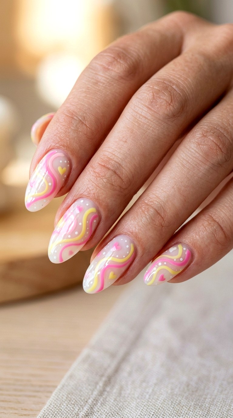 Lemonade Swirl Kawaii Nails - 23 yellow pink kawaii nail design ideas