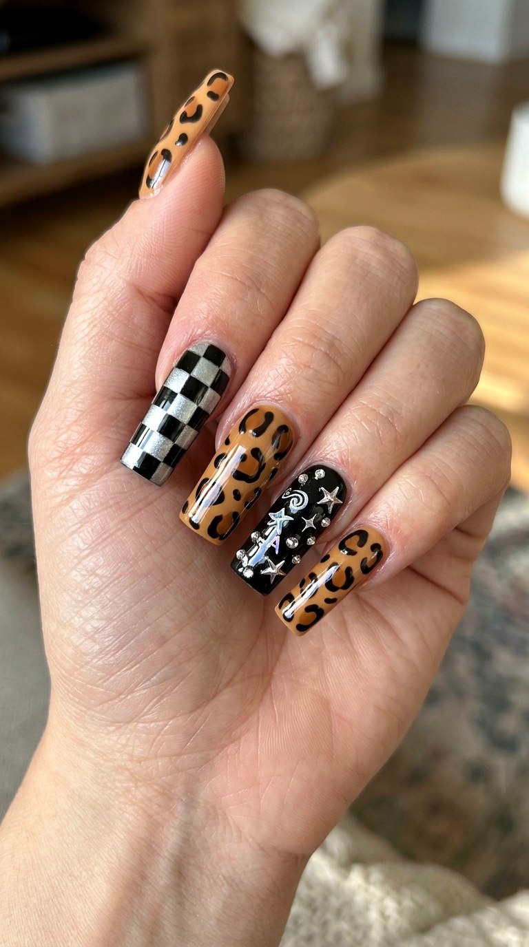 Leopard Chrome Checker Accents - 20 Mcbling Gothic leopard Y2K nail ideas