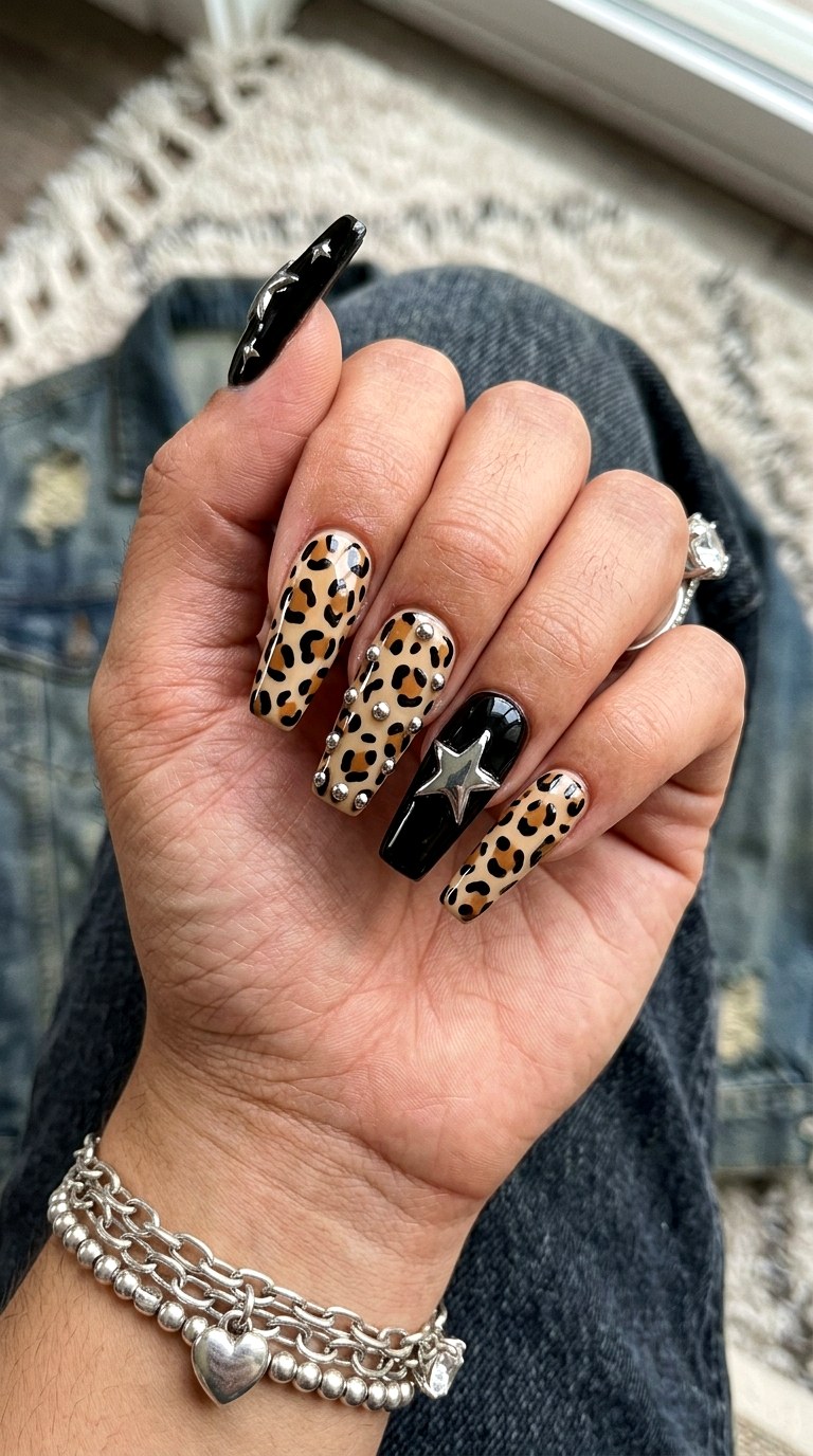 Leopard Silver Studded Nails - 20 Mcbling Gothic leopard Y2K nail ideas
