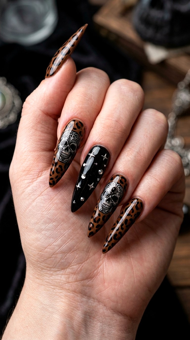 Leopard Skull Inspired Accents - 20 Mcbling Gothic leopard Y2K nail ideas