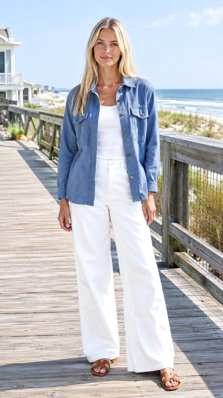 Linen Shacket White Wide Leg Jeans - 21 shacket jacket outfit ideas