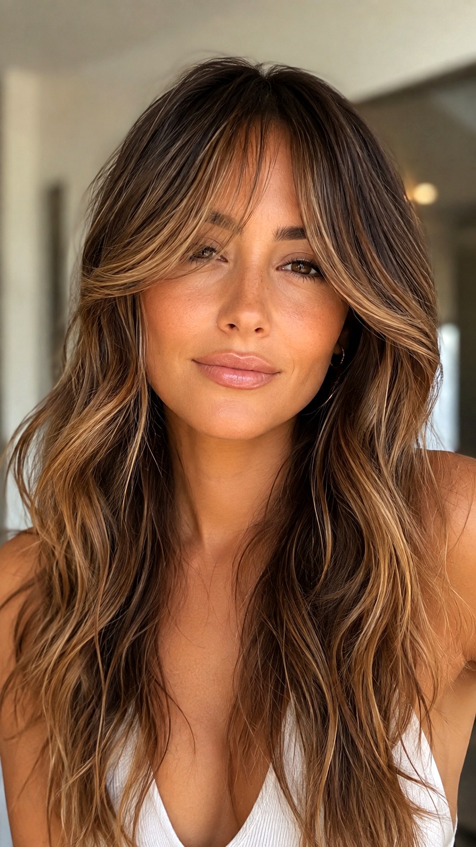 Lived In Caramel Balayage Curtain Bangs - 22 Curtain Bangs Long Hair Ideas