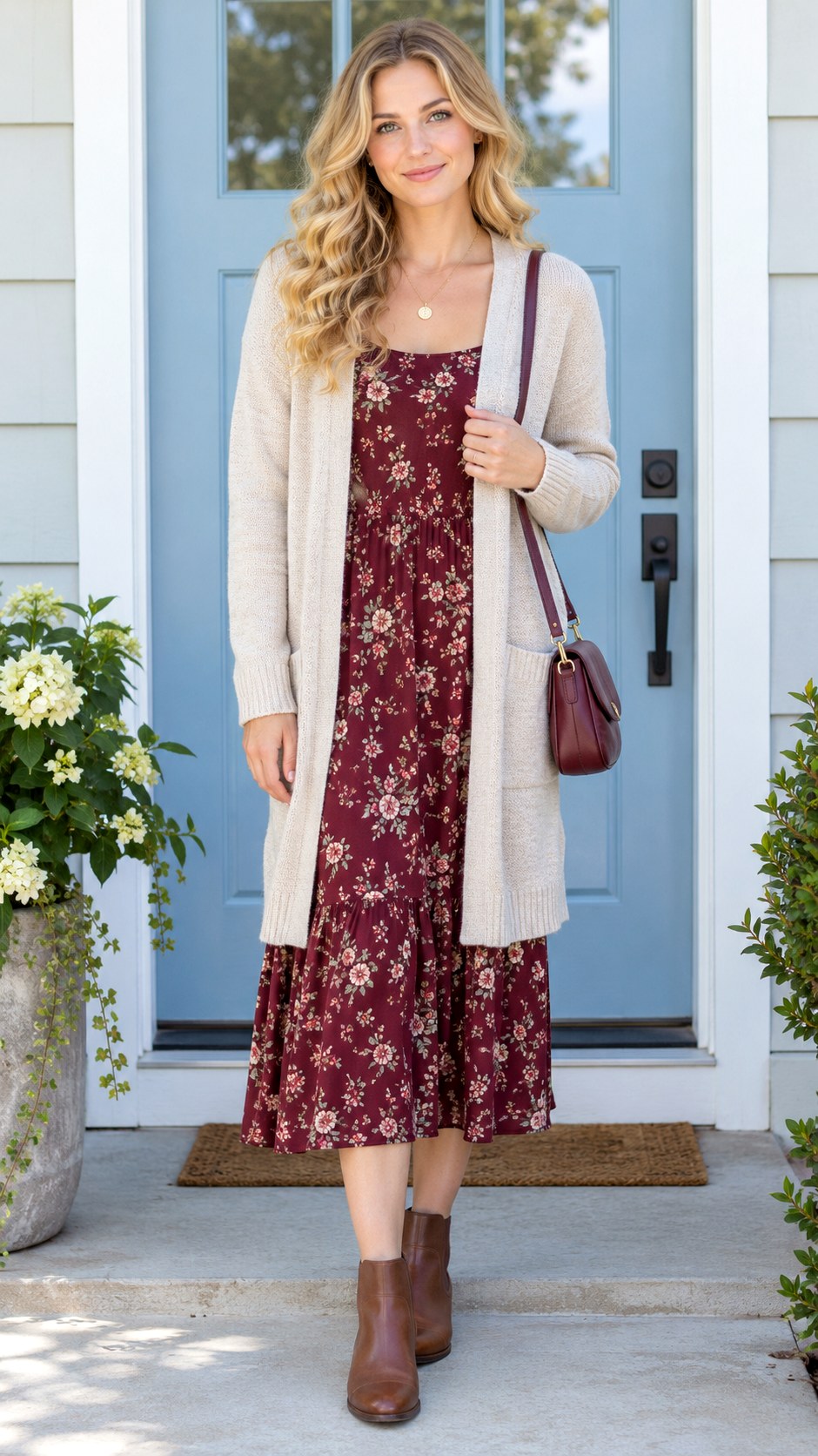 Long Cardigan With Floral Midi Dress - 20 comfy fall outfits
