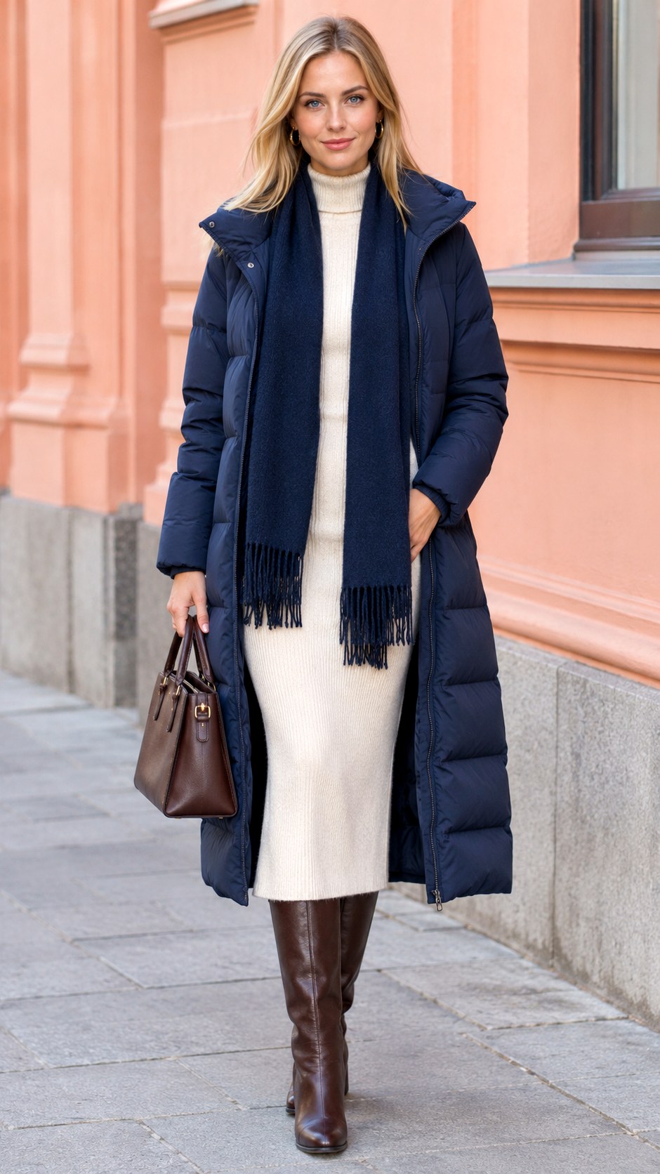 Long Puffer With Cream Knit Dress - 20 baddie winter outfits