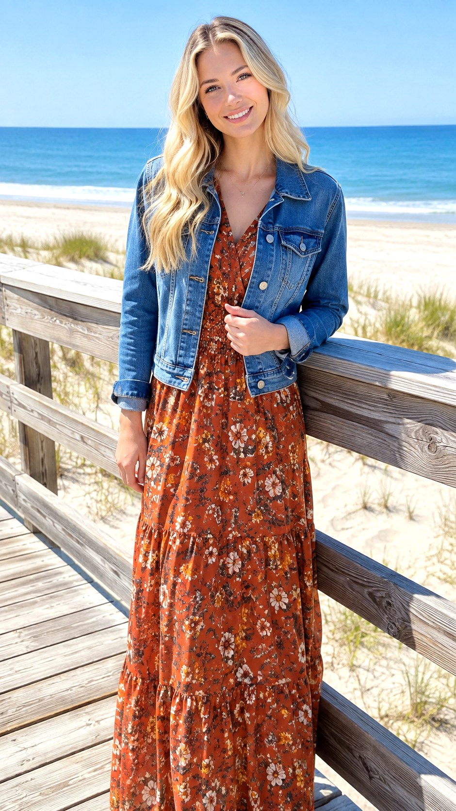 Long Sleeve Maxi Dress and Denim Jacket - 25 cozy fall outfit ideas