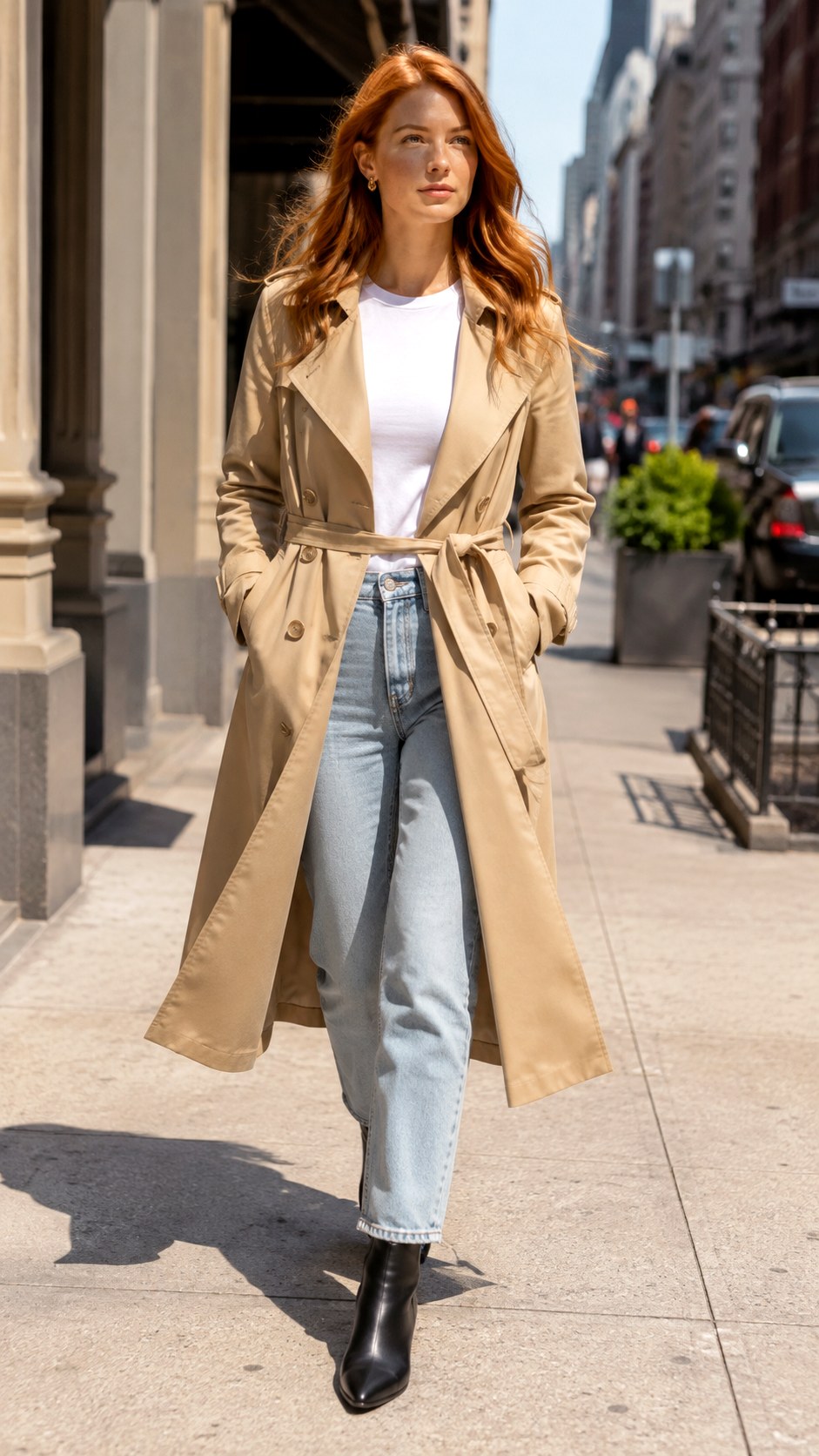 Long Trench Coat with Light Denim Jeans - 21 Light Denim Jeans Outfit Ideas