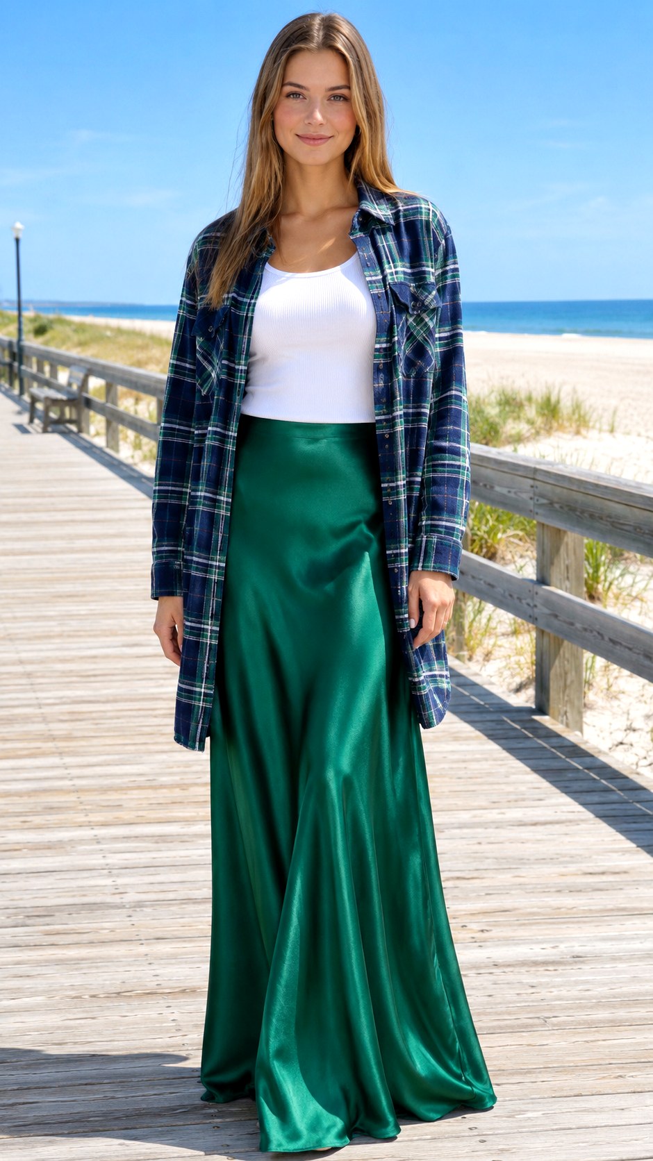 Longline Flannel Over Maxi Skirt - 23 shacket outfit women look ideas