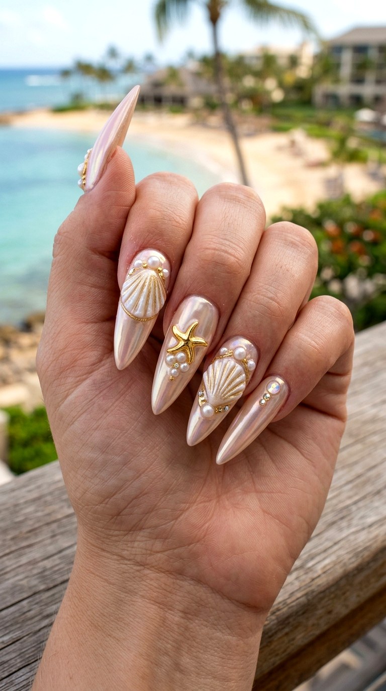 Luxury Gold Pearl Shell Stiletto - 23 Iridescent Pearl and gold starfish shell nail shimmer design ideas