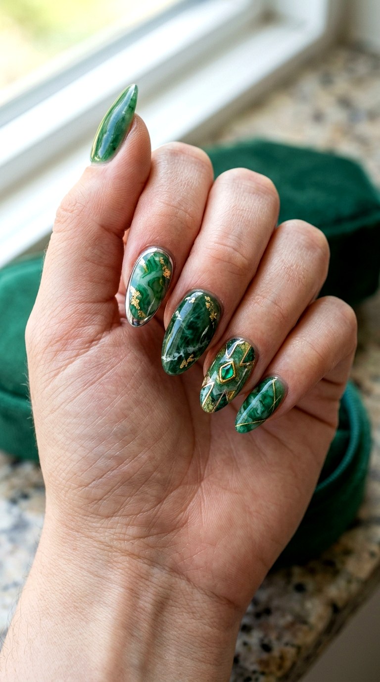 Luxury Green Gemstone Nails - 23 rendering green stone Nail ideas
