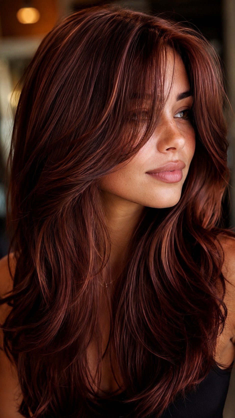 Mahogany Glossy Layered Waves - 25 Long Layers with Curtain Bangs Ideas