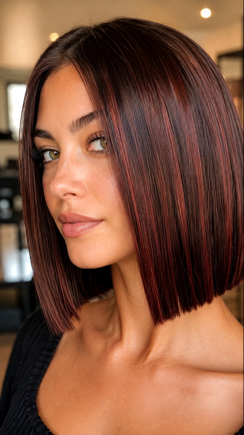 Mahogany Lowlights on Blunt Cut - 22 red hair color highlights ideas