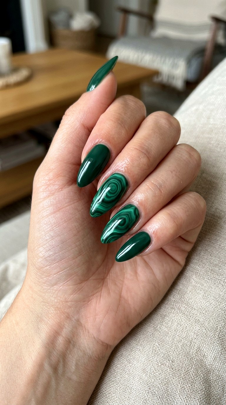 Malachite Swirl Nail Design - 23 rendering green stone Nail ideas