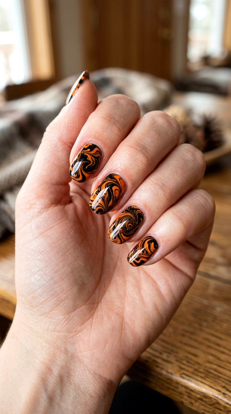 Marbled Black and Orange Nails - 23 simple halloween nail design ideas