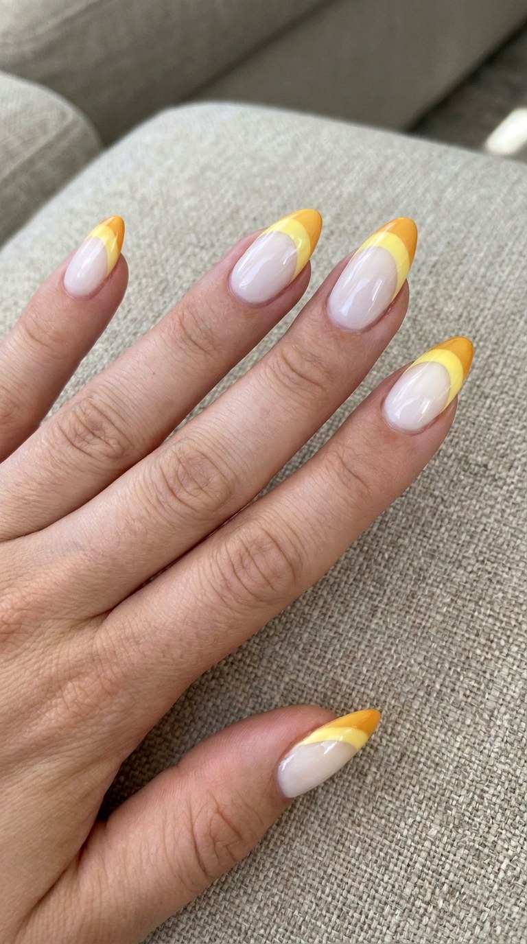 Marigold Gradient French Nails - 22 sunlit tips Yellow nail design ideas