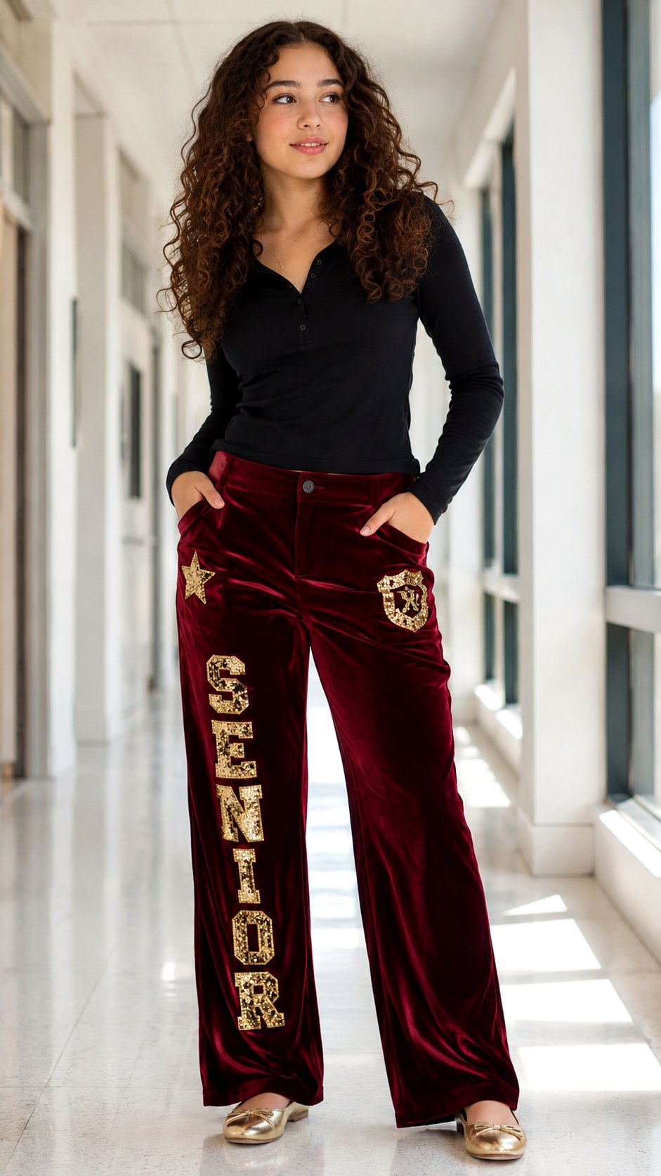 Maroon Velvet and Gold Patches - 25 varsity font stenciled senior pants