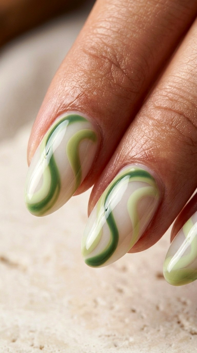 Matcha Green Swirl Nails - 24 Green Nail ideas