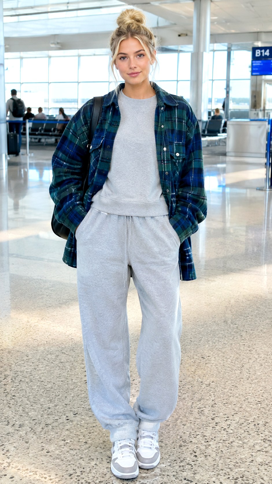 Matching Sweatsuit Athleisure Vibe With Plaid Shacket - 23 plaid shacket outfit women ideas