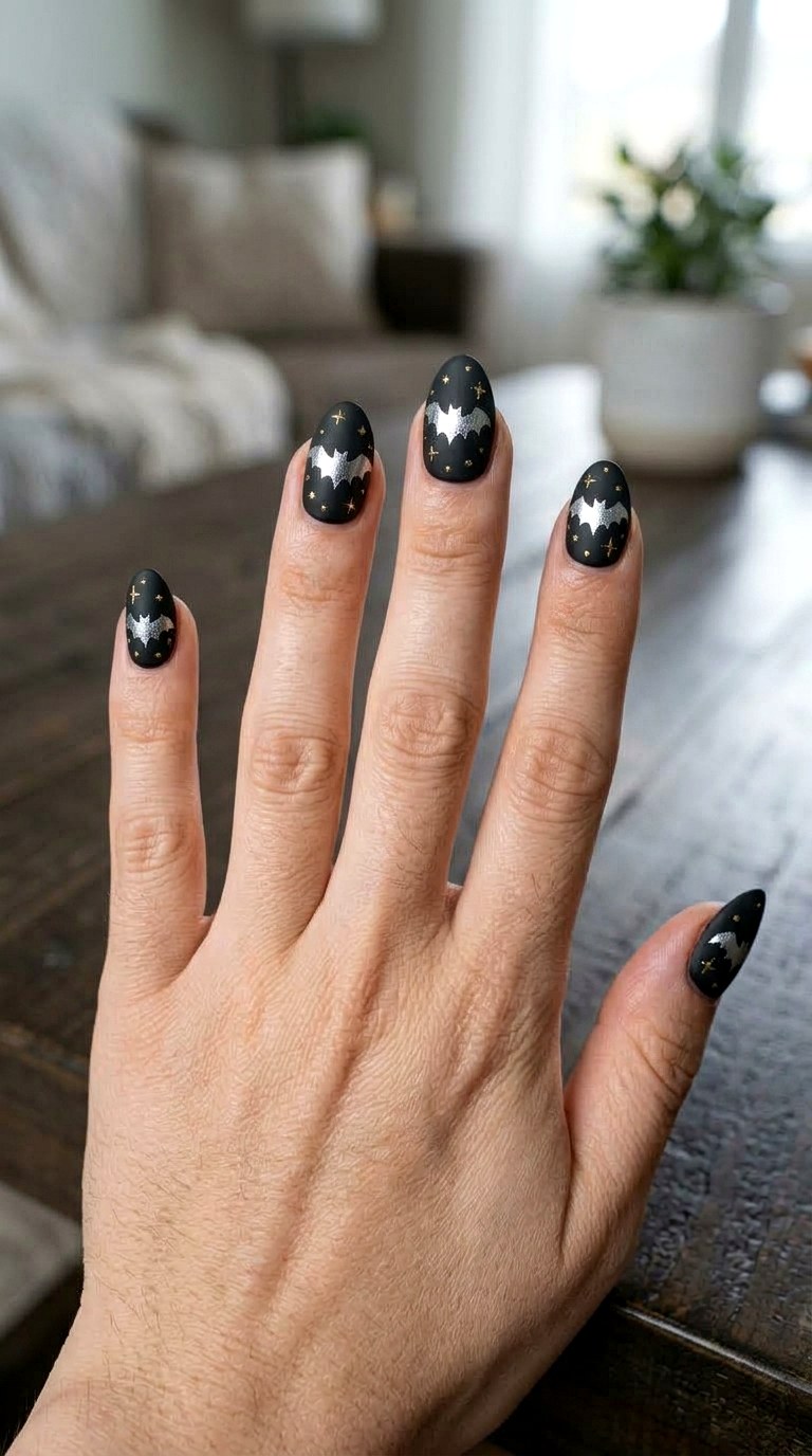 Matte Black Bat Nails - 20 easy halloween nail ideas