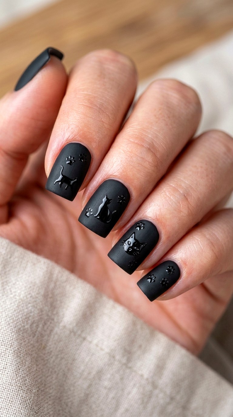 Matte Black Cat Accents Nails - 23 black cat short nail design ideas
