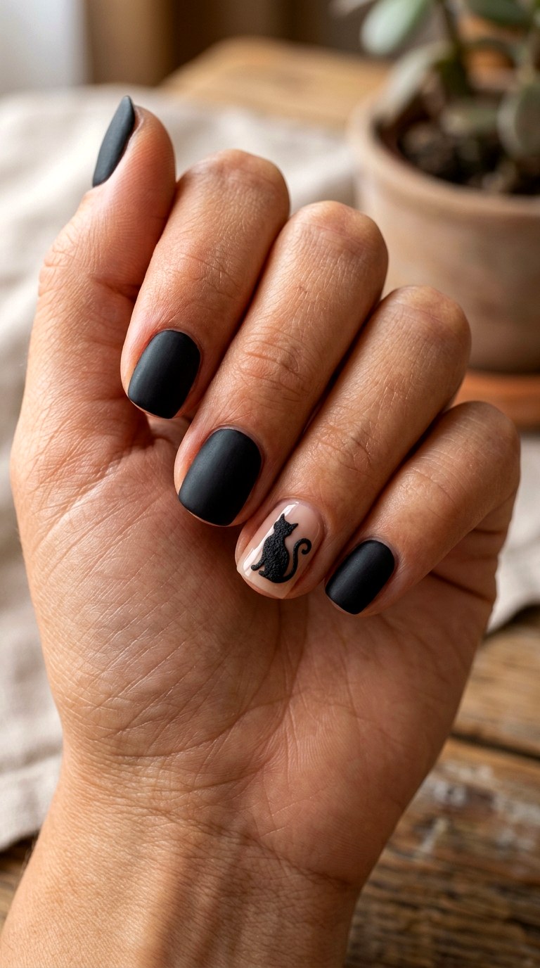Matte Black Cat Short Nails - 25 short halloween nail ideas
