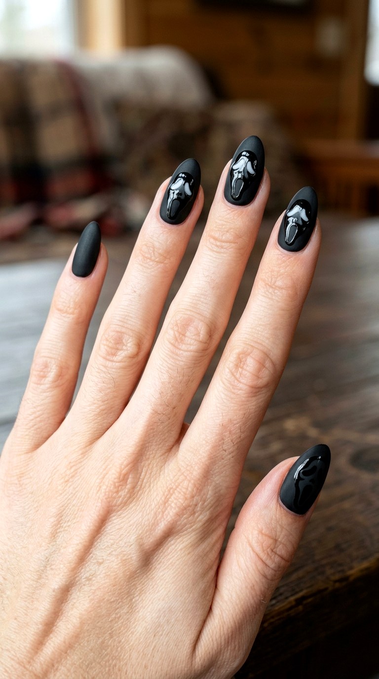 Matte Black Finish Ghost Face Nails - 22 ghost face nail ideas